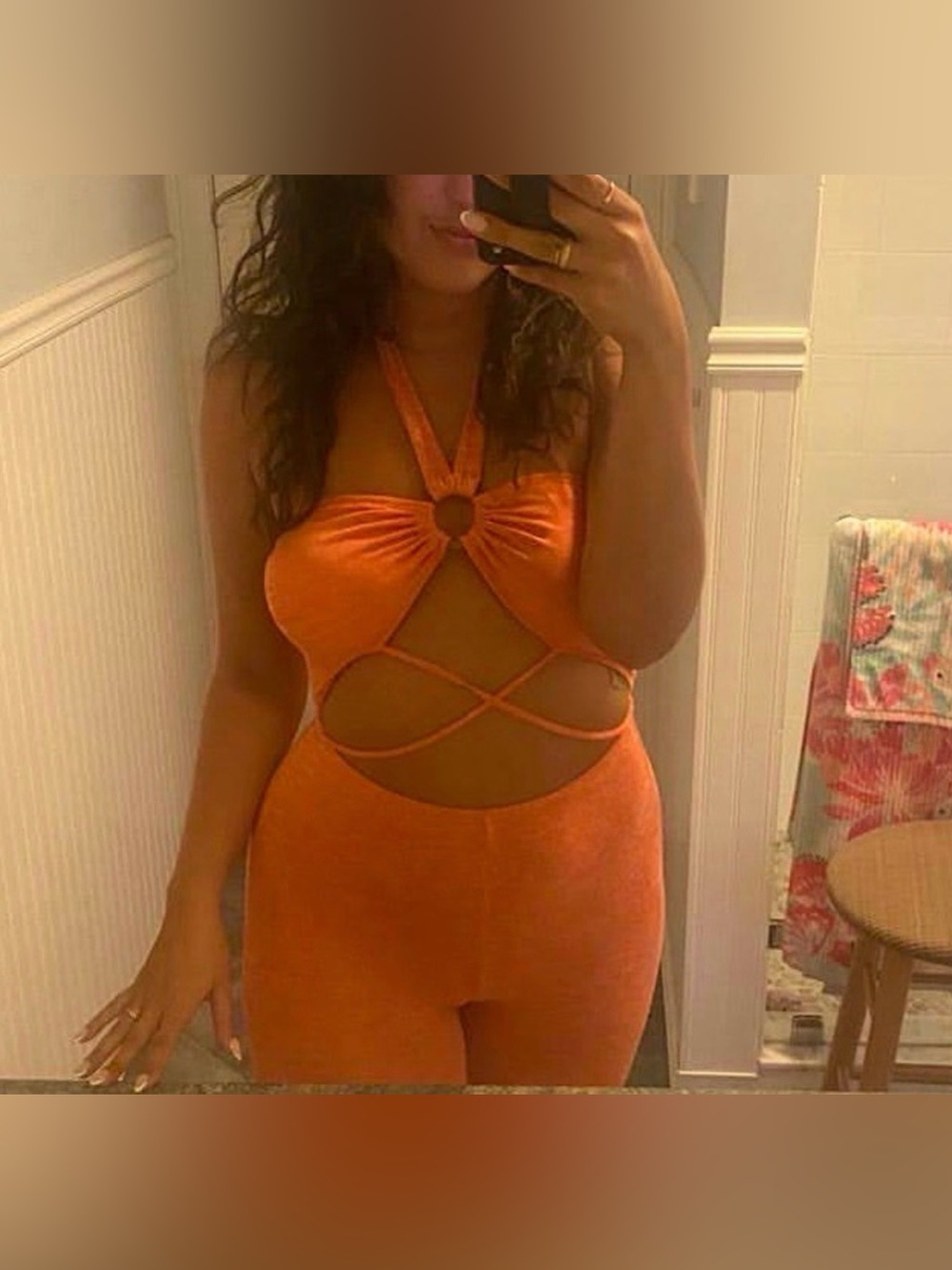SHEIN SXY 🧡 ORANGE CUTOUT HALTER FLARE JUMPSUIT Y2K SIZE LARGE